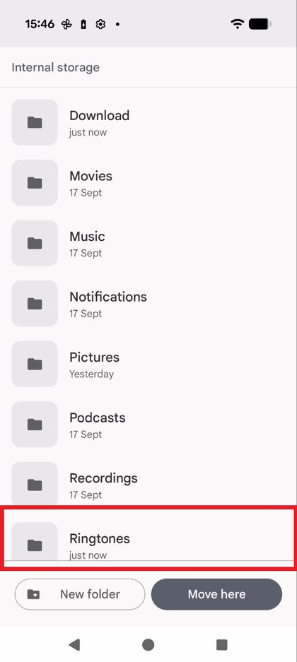 Capture d'&eacute;cran du r&eacute;pertoire de stockage interne du t&eacute;l&eacute;phone avec le dossier Sonneries mis en surbrillance.