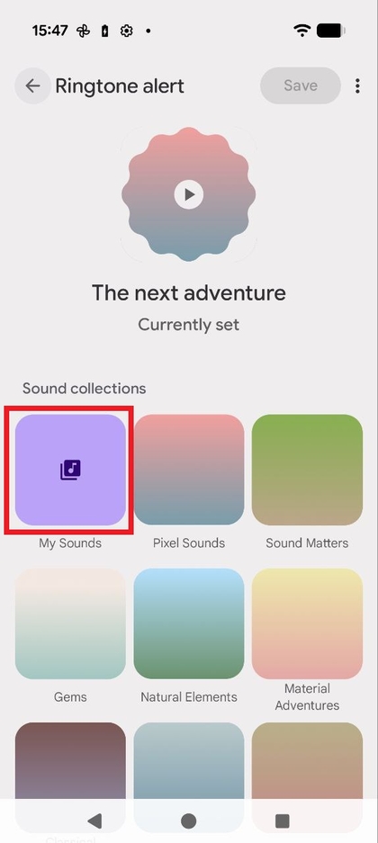 Capture d'&eacute;cran du menu de s&eacute;lection de sonnerie montrant le bouton Mes sons mis en surbrillance.