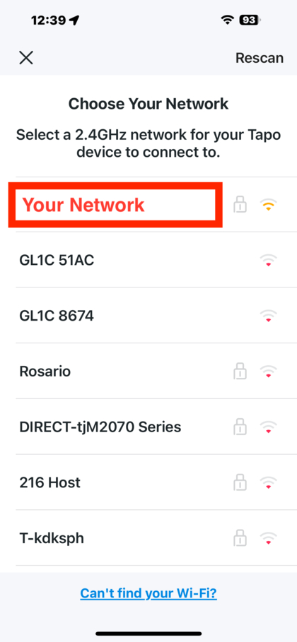 A selecionar a rede Wi-Fi para Tapo C310