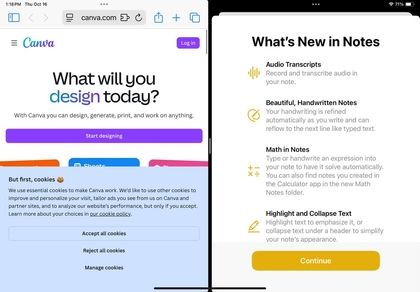 Notes dan Safari dalam mode layar terpisah di iPad