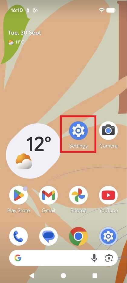 Screenshot della schermata principale del Pixel 10 Pro che mostra l'icona dell'app Impostazioni.