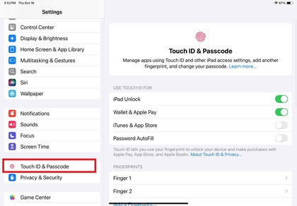 Zaslon postavki Touch ID-a i lozinke na iPadu