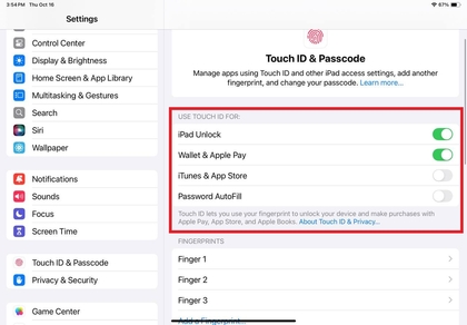 Opcije upotrebe Touch ID-a na iPadu