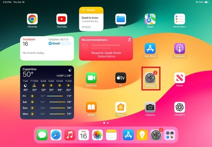 Aplikasi Pengaturan di layar utama iPad