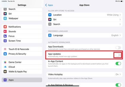 Sakelar untuk menonaktifkan pembaruan aplikasi otomatis