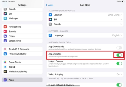 Sakelar untuk mengaktifkan pembaruan aplikasi otomatis