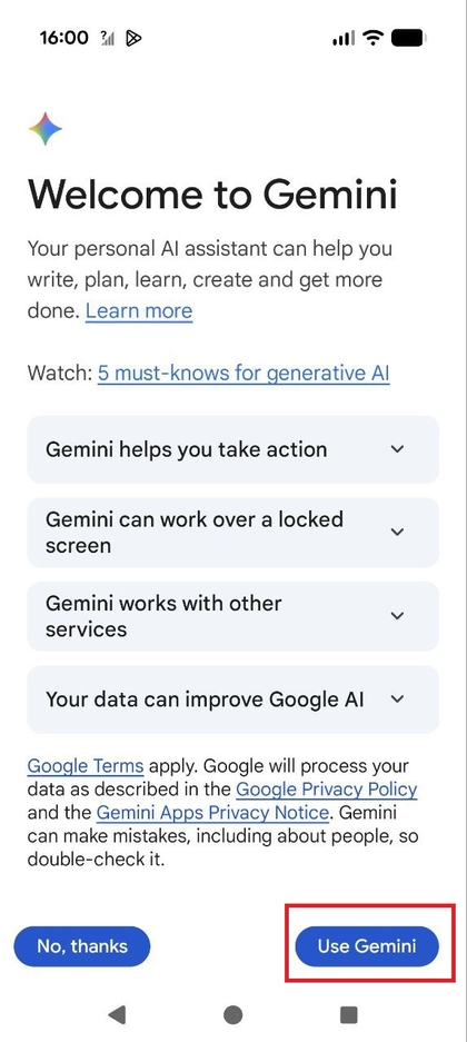 Screenshot van het Gemini-introductiescherm met de knop Gemini gebruiken gemarkeerd.