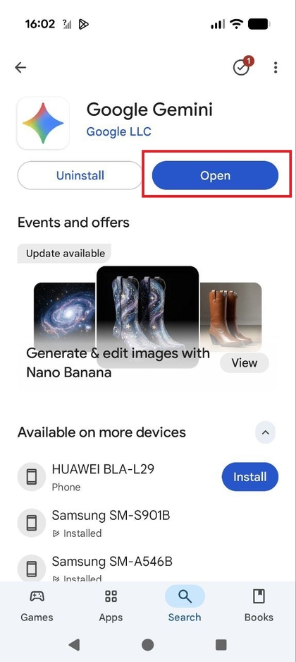 Screenshot van de Google Gemini-app-pagina in de Play Store met de knop Openen gemarkeerd.