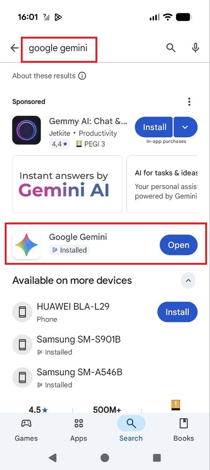 Screenshot van de Google Play Store-zoekbalk met Google Gemini getypt.
