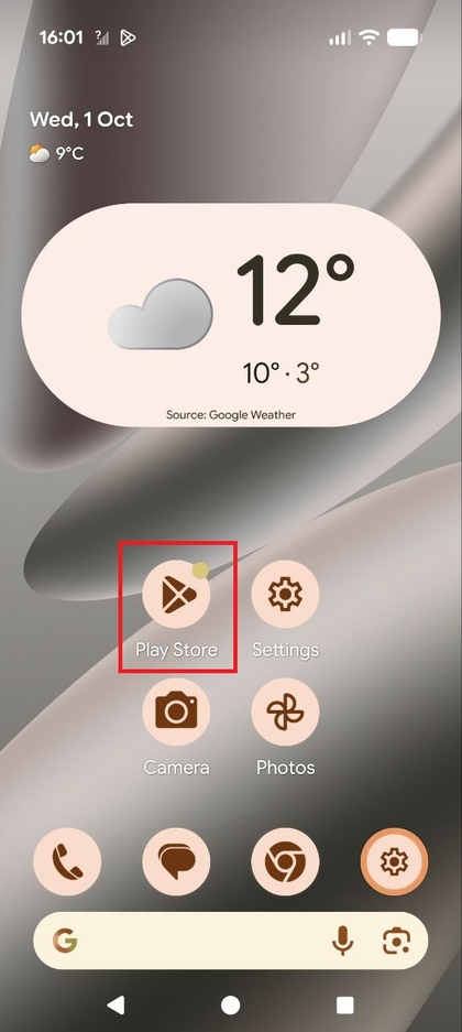 Screenshot van het Pixel-startscherm met het pictogram van de Google Play Store-app.