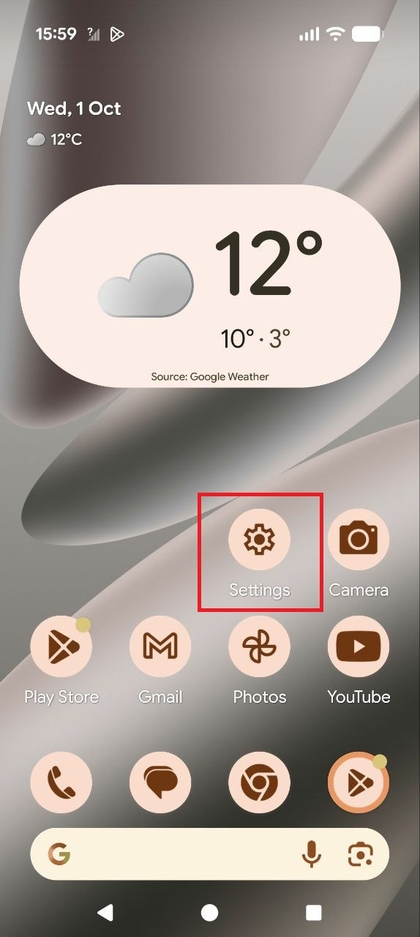 Screenshot van het Pixel-startscherm met het pictogram van de app Instellingen.