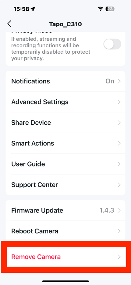 Fjernelse af Tapo Link C310 fra app-indstillingerne