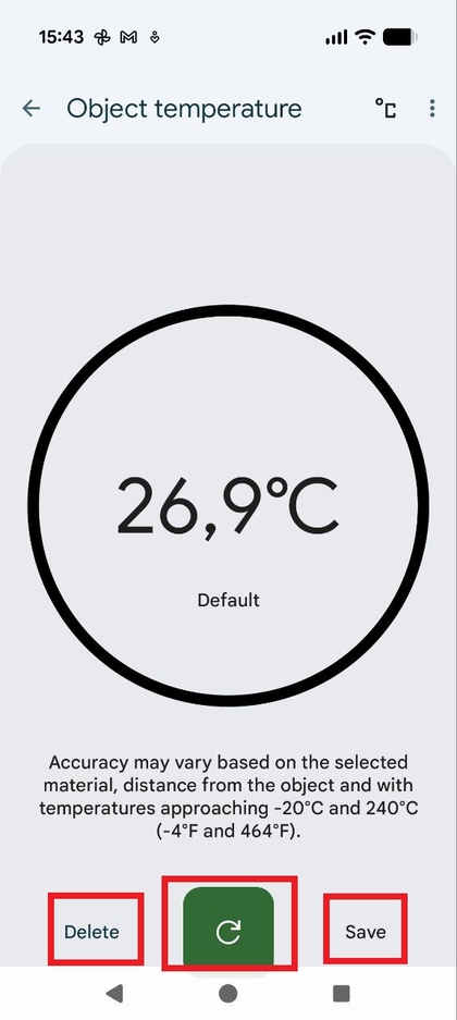 L&otilde;plik ekraan, mis n&auml;itab temperatuuri tulemust koos v&otilde;imalustega m&otilde;&otilde;tmist uuesti teha v&otilde;i salvestada