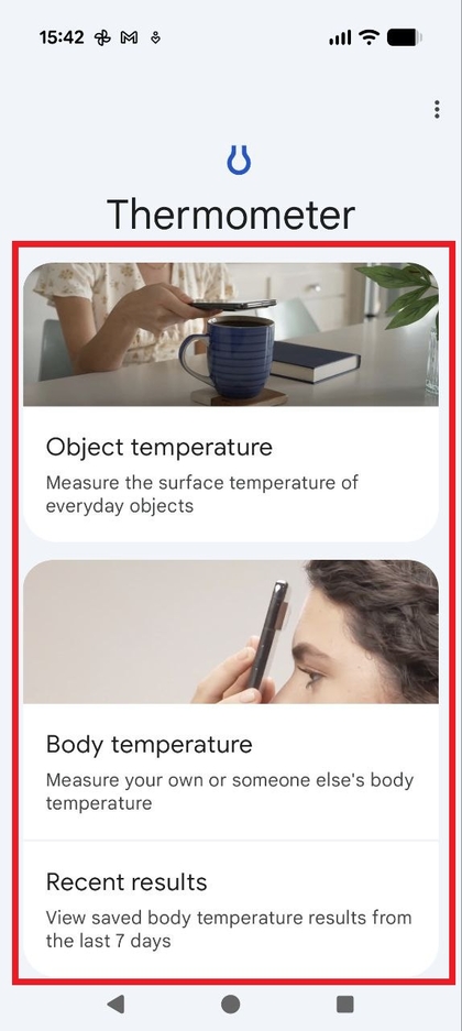 Ekraan, mis n&auml;itab objekti temperatuuri, kehatemperatuuri ja hiljutiste tulemuste valikuid