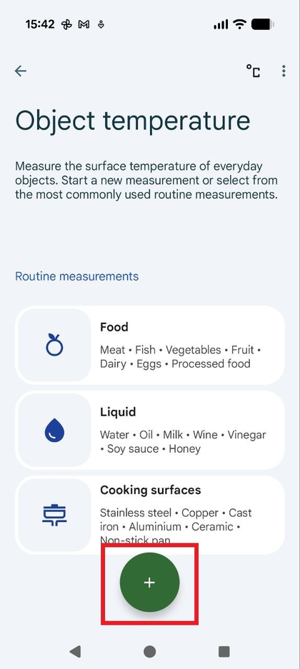 Ekraan, mis n&auml;itab plussikooni temperatuuri k&auml;sitsi j&auml;&auml;dvustamiseks