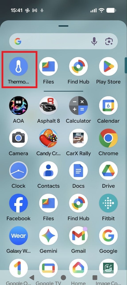 Ekraanipilt, mis n&auml;itab rakenduste sahtlit ja esilet&otilde;stetud termomeetri rakenduse ikooni