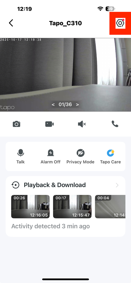 Enhedsindstillinger i Tapo app p&aring; smartphone
