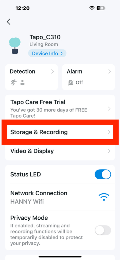 Sektionen Lager og optagelse i Tapo app p&aring; smartphone