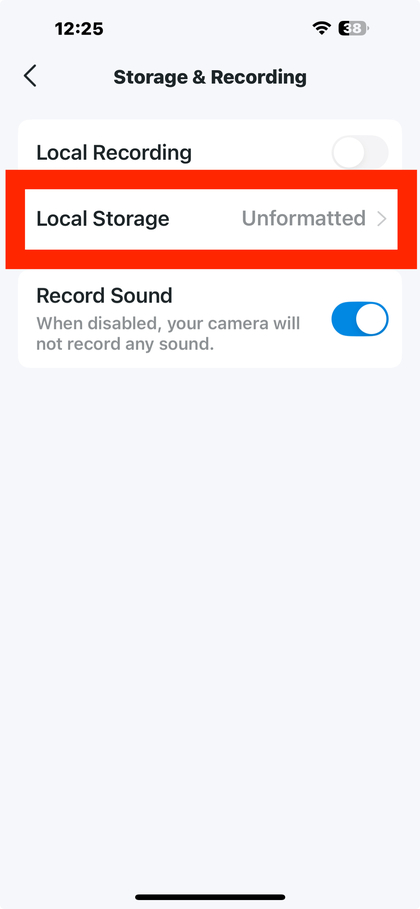 Sektionen Lager og optagelse i Tapo app