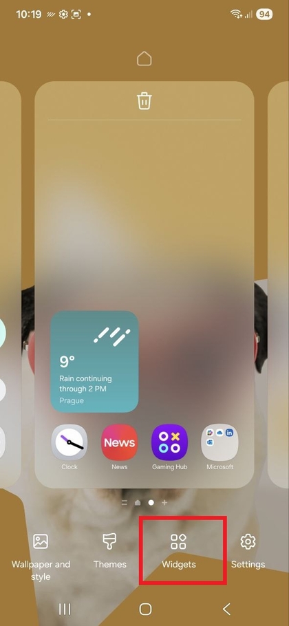 Acc&eacute;der &agrave; l'option 'Widgets' (Widgets) en mode &eacute;dition