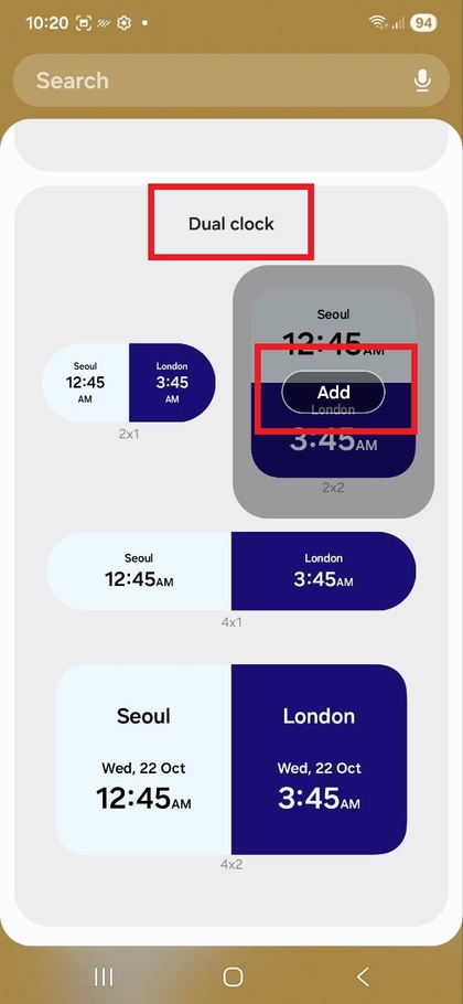 Options du Dual Clock Widget