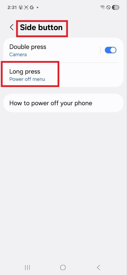 Options du 'Side Button' (Bouton lat&eacute;ral) sur Samsung Galaxy A17 5G