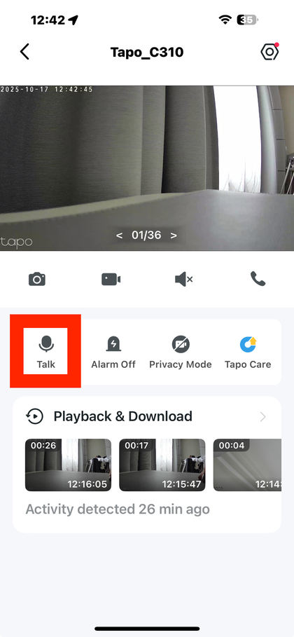 Tapo uygulama aray&uuml;z&uuml;nde konuşma d&uuml;ğmesi