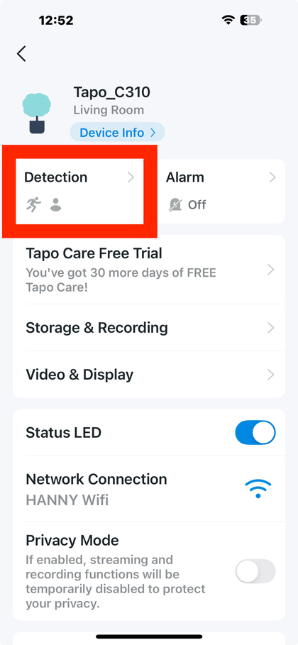 Meni za zaznavanje in opozorila v aplikaciji Tapo