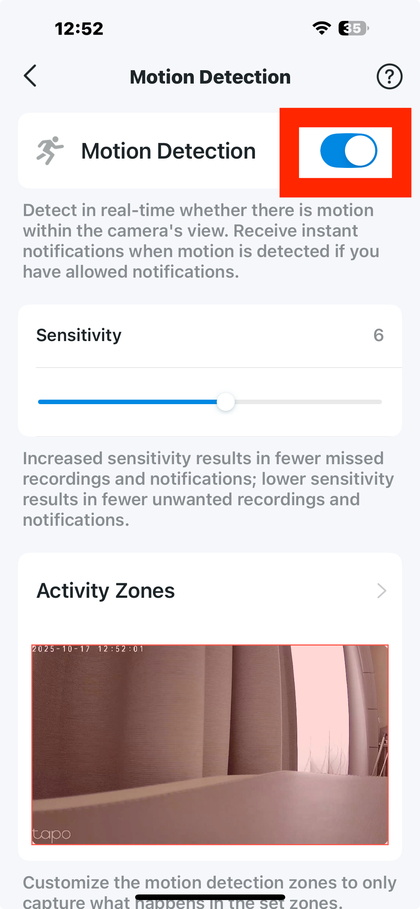 Stikalo za zaznavanje gibanja v aplikaciji Tapo