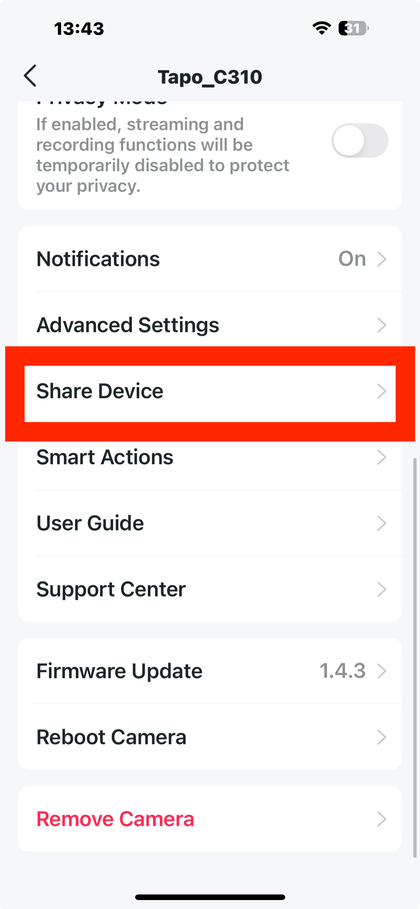 Captura de tela da op&ccedil;&atilde;o Compartilhar Dispositivo no aplicativo TP-Link Tapo