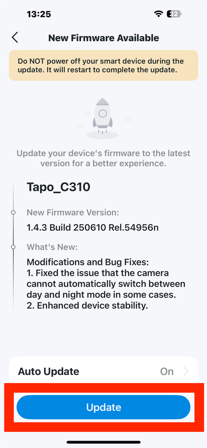 Downloading firmware update in Tapo app