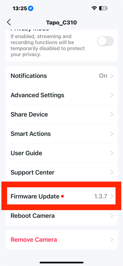 Finding firmware updates in settings