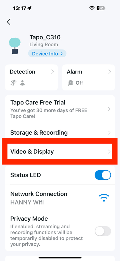 Tapo ayarlarında Video ve Ekran se&ccedil;eneği