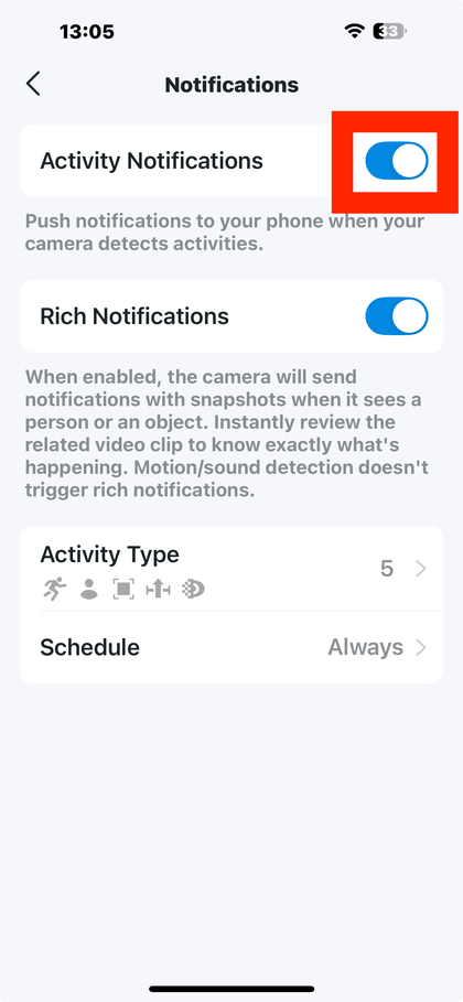 Aktivitetsnotifikationer til/fra i Tapo app