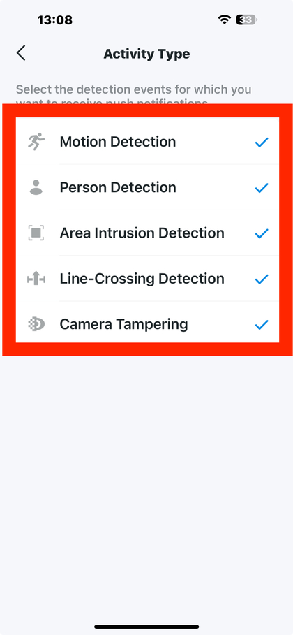 Valg af aktivitetstyper i Tapo app