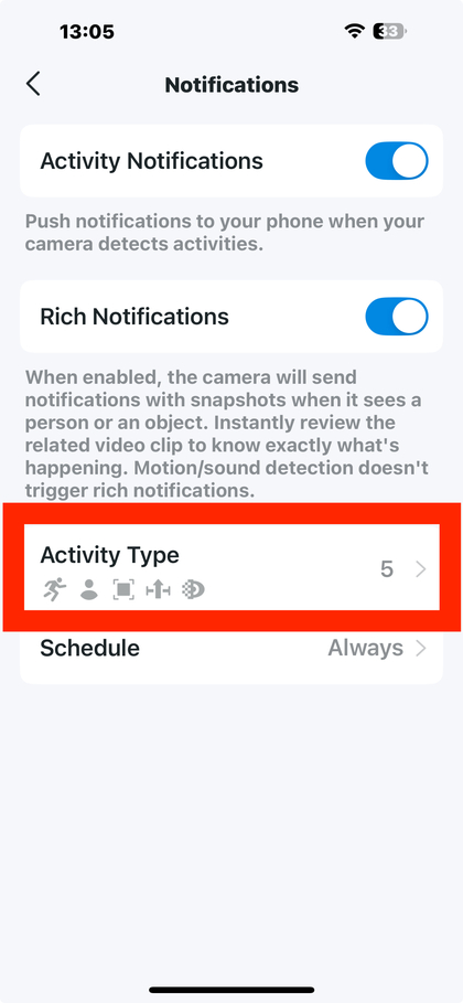 Valg af aktivitetstyper i Tapo app