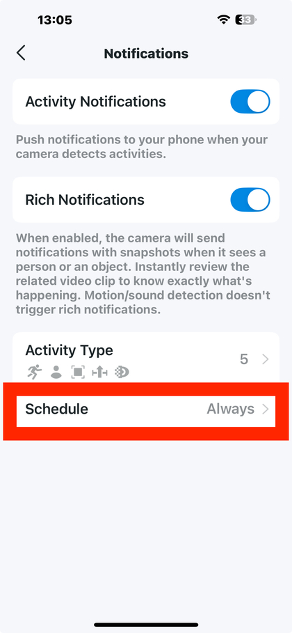 Indstillinger for notifikationsplanl&aelig;gning i Tapo app
