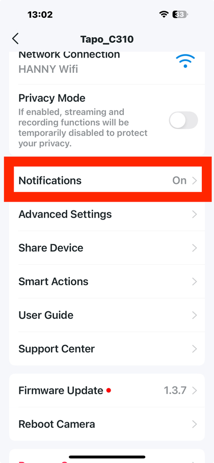 Notifikationsindstillinger p&aring; Tapo app-sk&aelig;rm