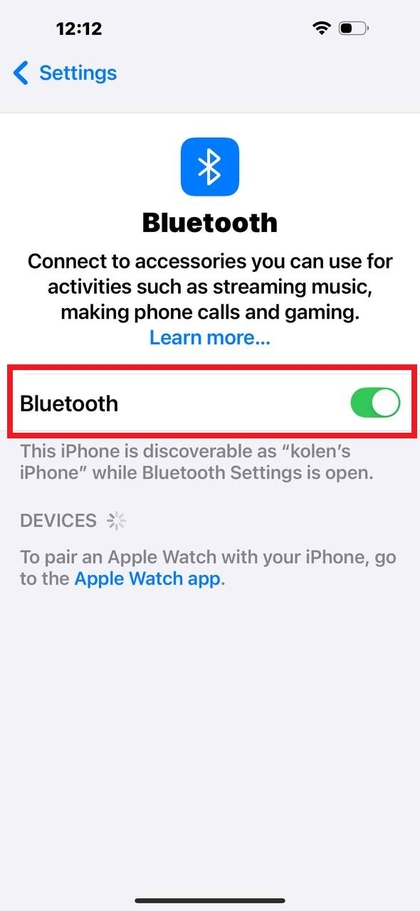 Ecranul de setări Bluetooth al iPhone-ului