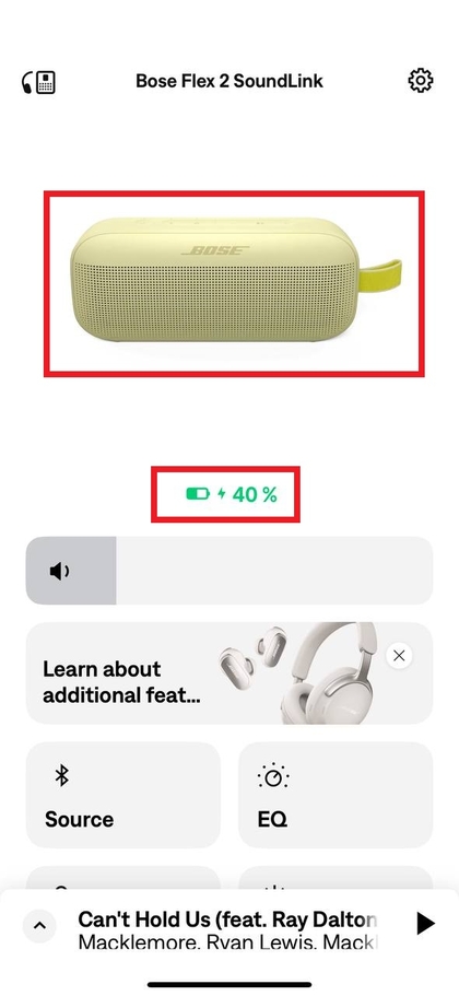 Batareya darajasini ko'rsatadigan Bose ilova interfeysi