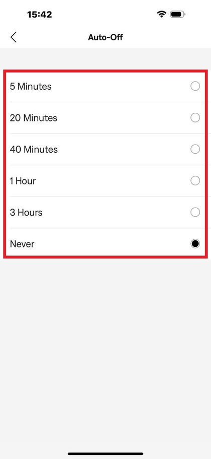 Različne možnosti časovnika za samodejni izklop v aplikaciji Bose