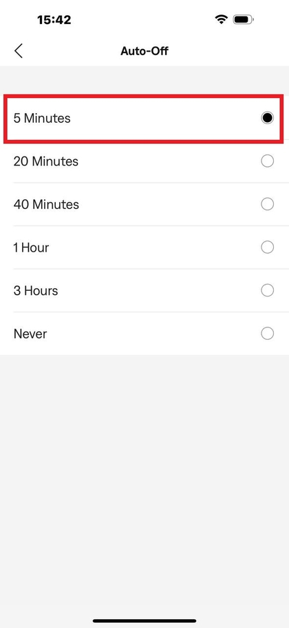 Izbira 5 minut, 3 ure ali nikoli v časovniku za samodejni izklop