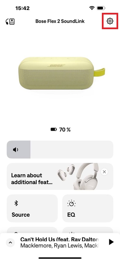 Ikon menu pengaturan di aplikasi Bose