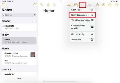 Ikona kamere u aplikaciji Notes