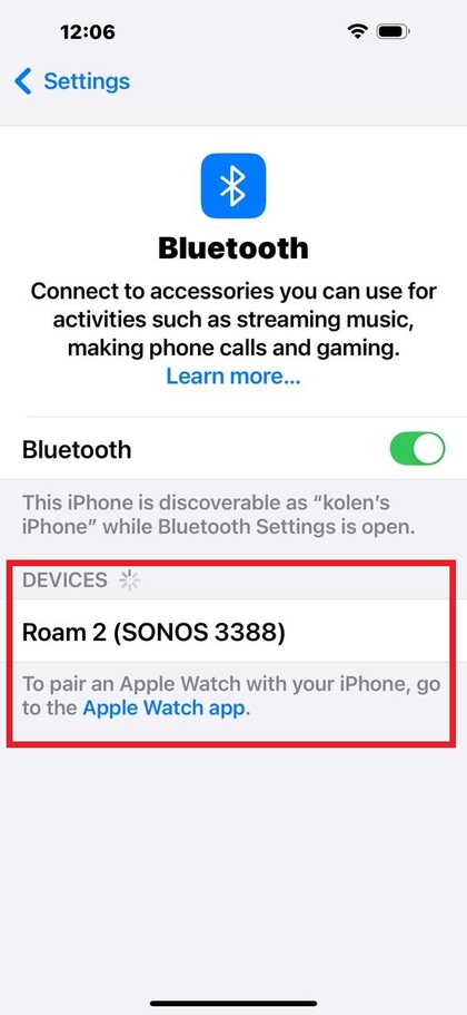 Lista de dispositivos Bluetooth disponibles en un iPhone