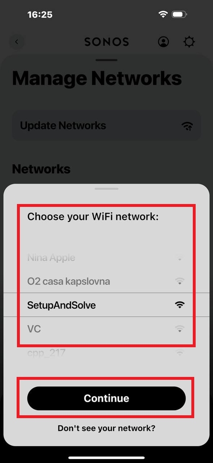 Kuchagua mtandao mpya wa Wi-Fi kwenye programu ya Sonos