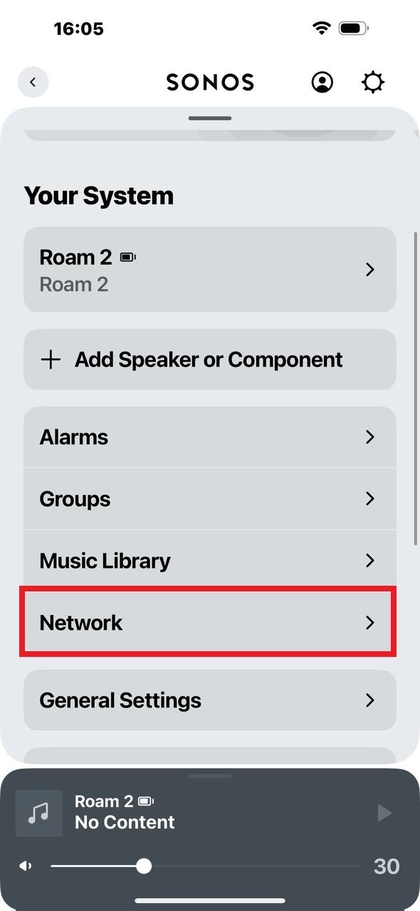 Skrini ya mipangilio ya mtandao ya programu ya Sonos