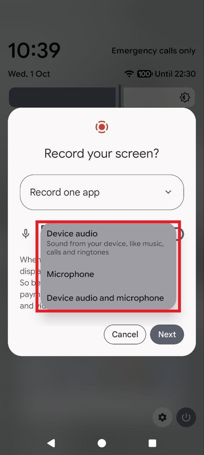 Screenshot van het selectiemenu voor de audiobron met opties voor Apparaataudio, Microfoon en Apparaataudio en microfoon.