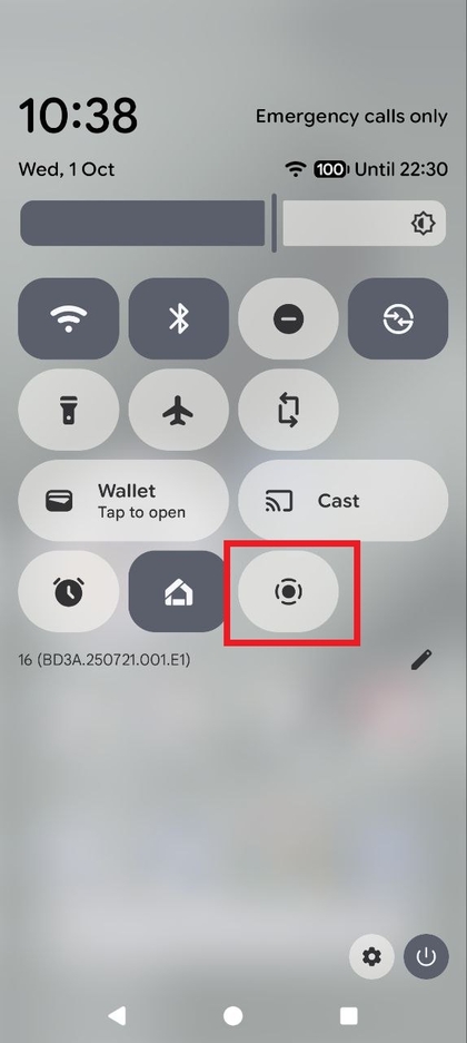 Screenshot van het uitgevouwen paneel Snelle instellingen met de knop Scherm opnemen gemarkeerd.