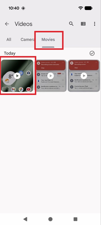 Screenshot van de app Bestanden met de inhoud van de map Video met het tabblad Films geselecteerd, waar de schermopname is opgeslagen.
